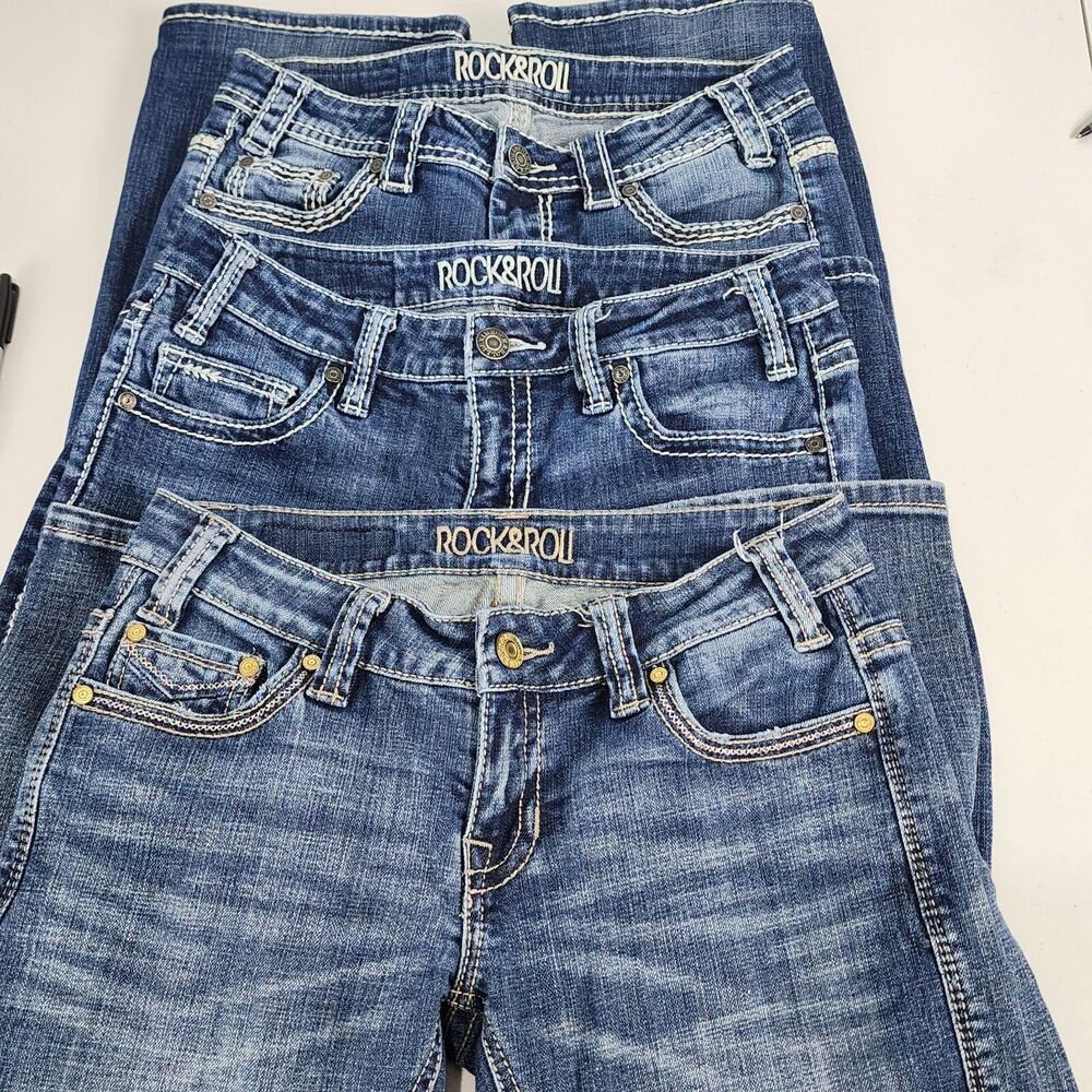3 Pair Rock & Roll Cowgirl Womens Bootcut Jeans Tag Size Measure 27x33